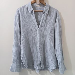 Altar'd State Light Blue Gauzy Cotton Frayed Hem Button Down Shirt